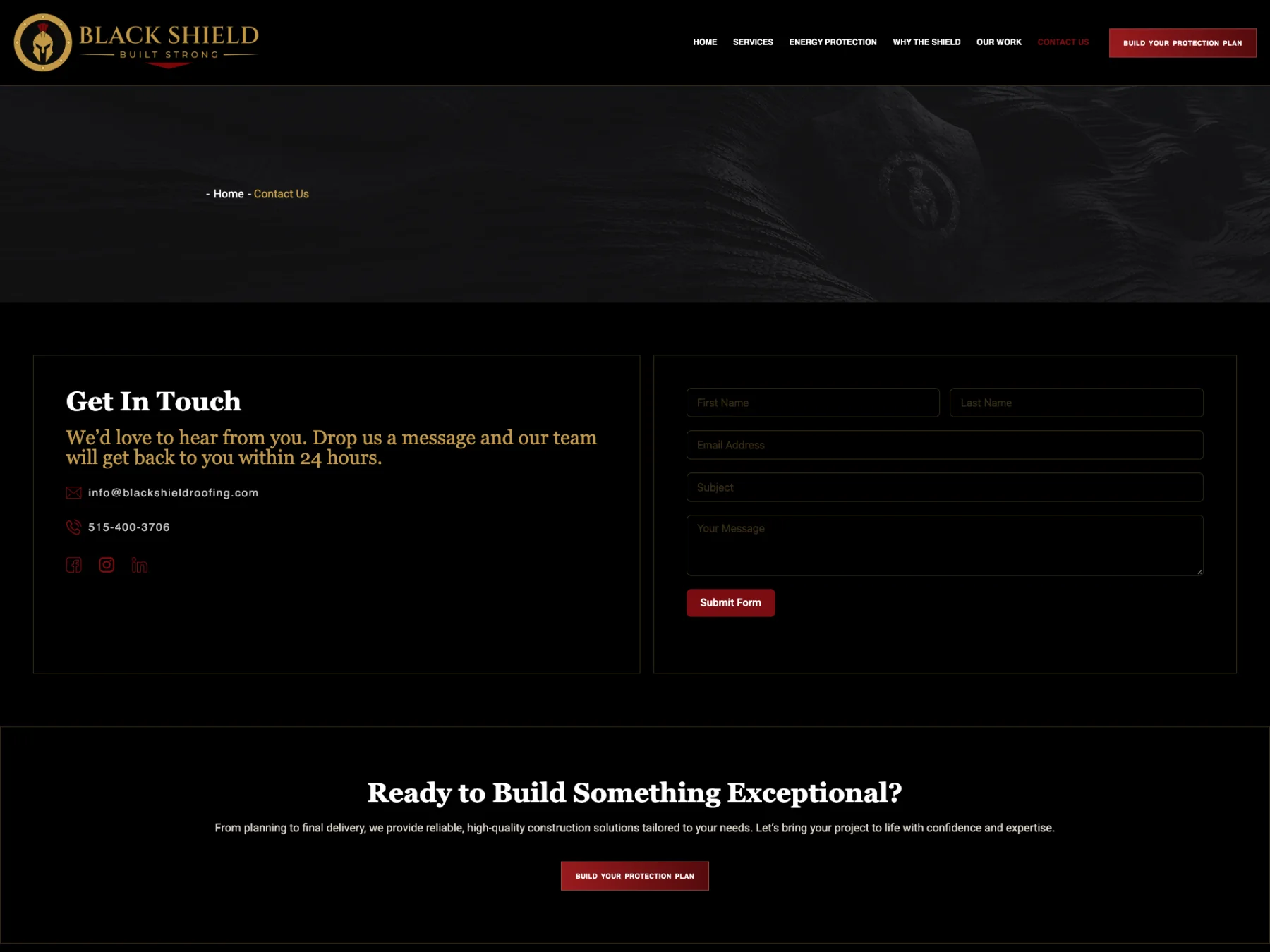 Black Shield Roofing contact page