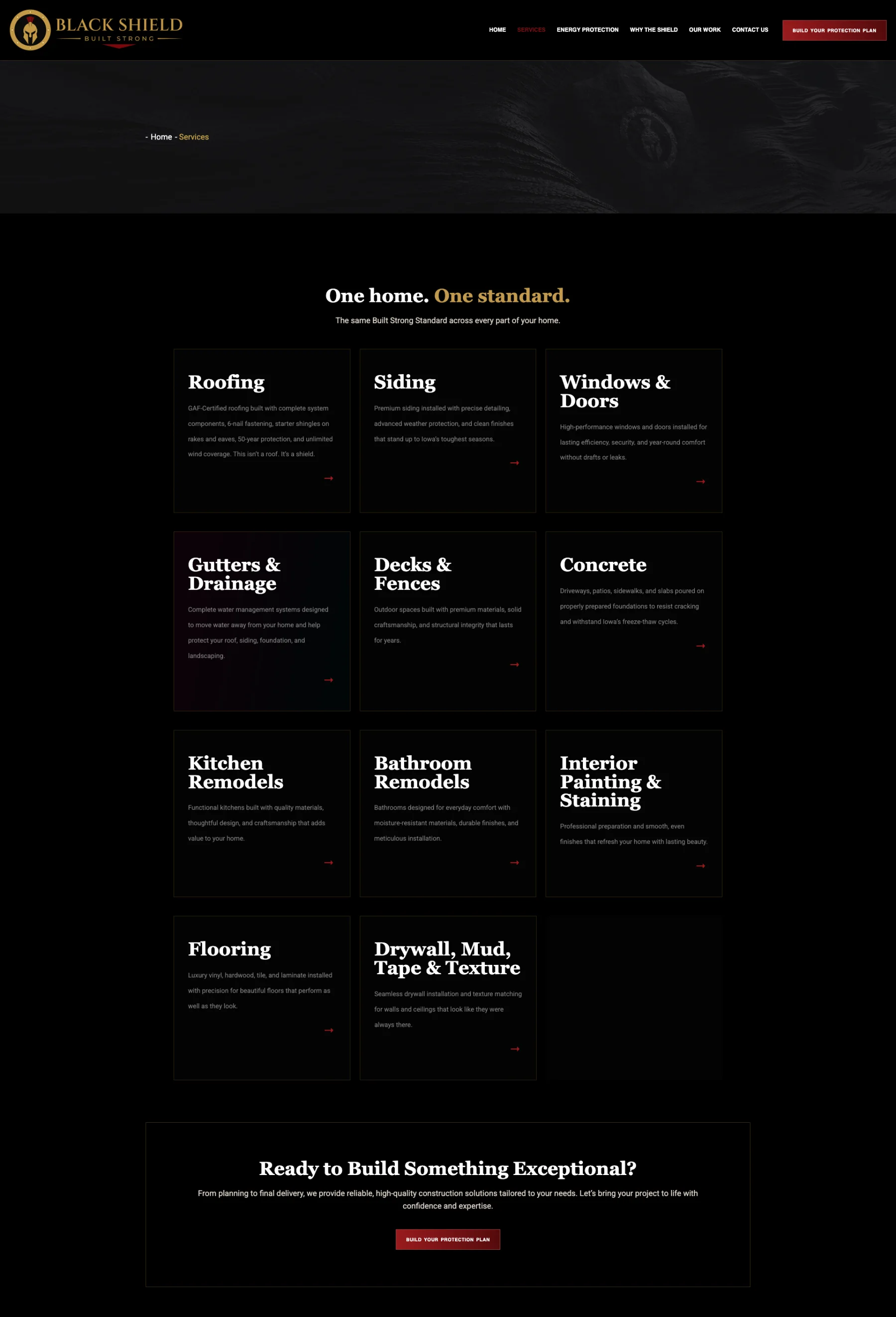 Black Shield Roofing services page with twelve home services