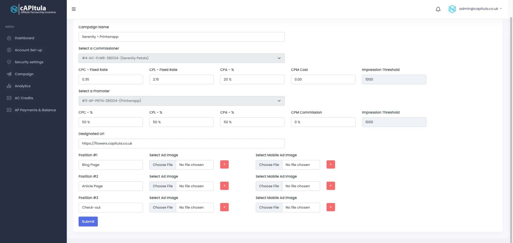 Capitula campaign setup form with CPC, CPL and CPA rates