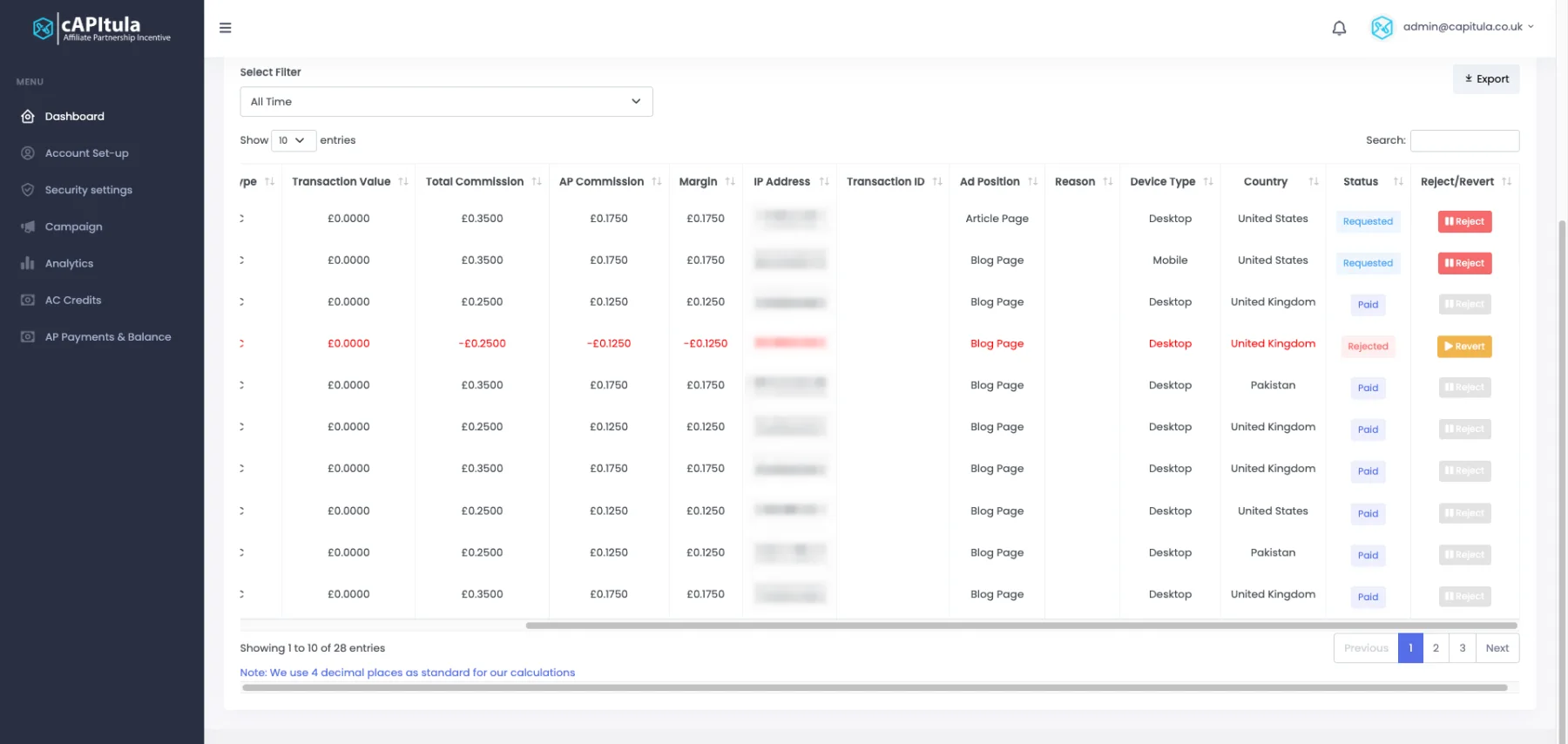 Capitula admin dashboard: transactions with paid, requested and rejected status