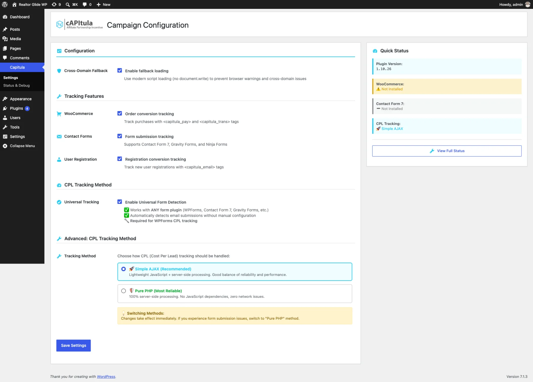 Capitula WordPress plugin tracking settings