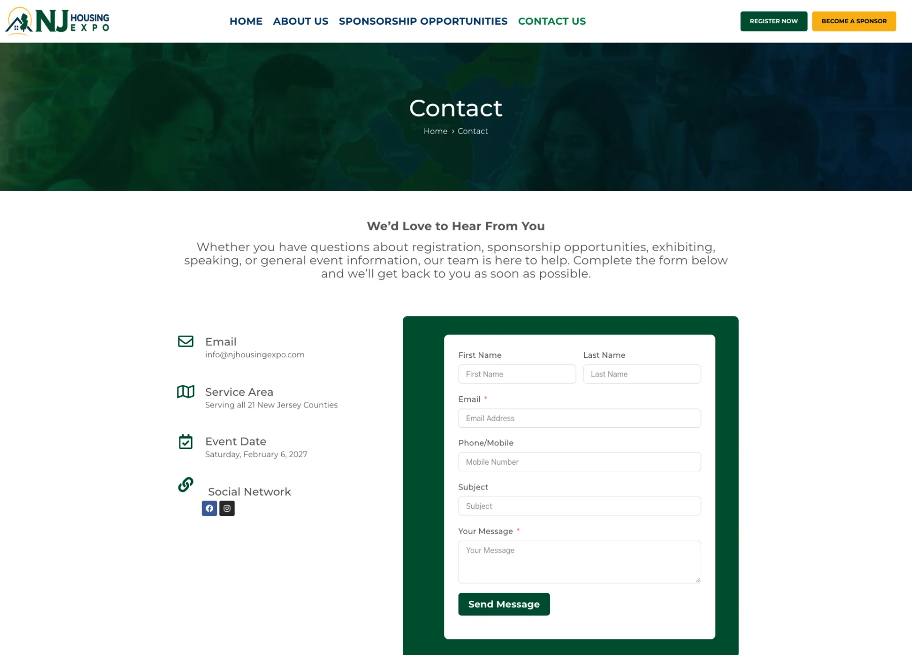NJ Housing Expo contact page and inquiry form