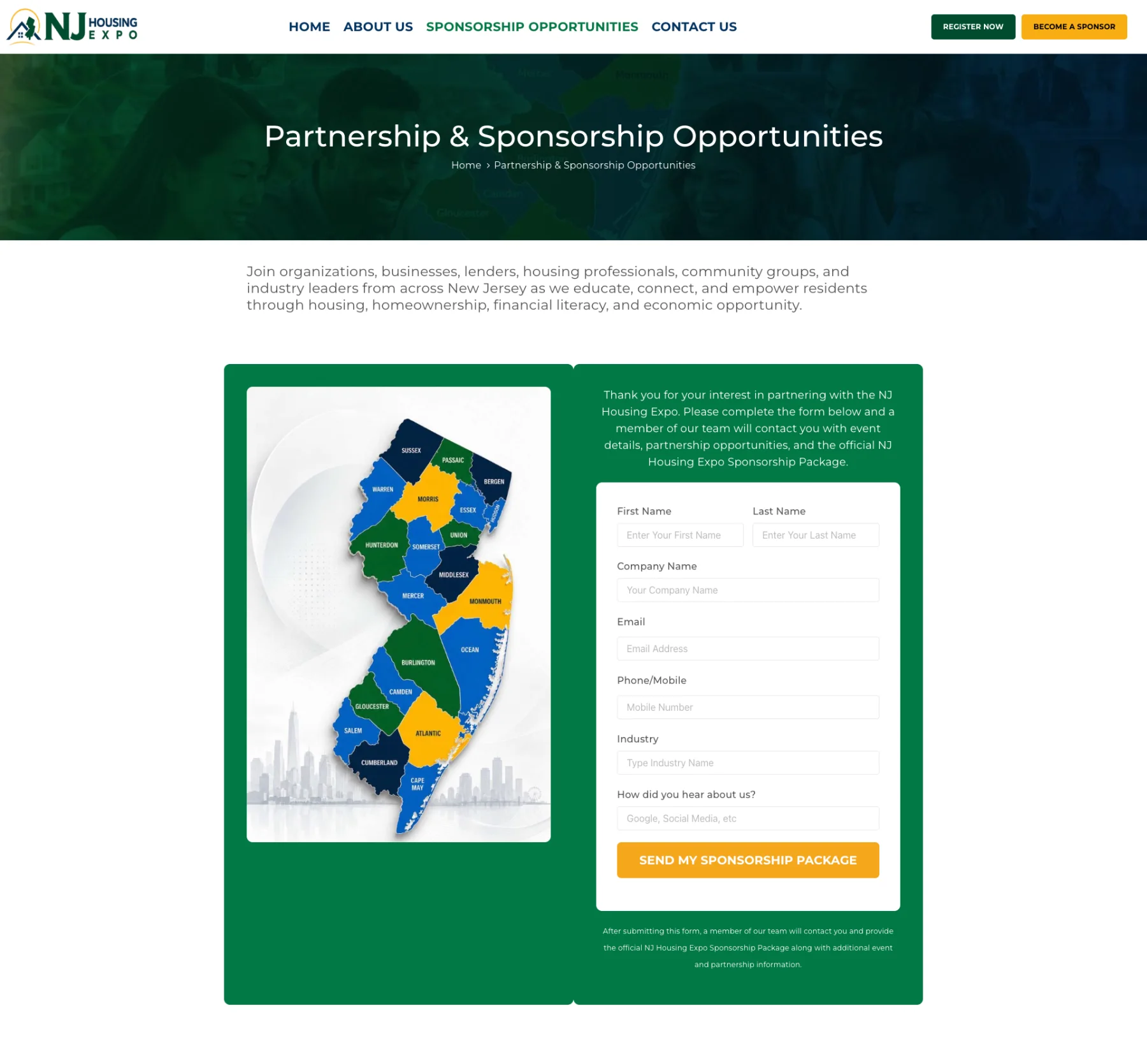 NJ Housing Expo sponsorship request form with New Jersey county map