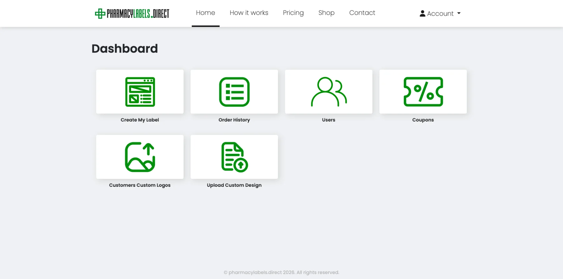 Pharmacy Labels Direct admin dashboard with orders, users, coupons and custom logos