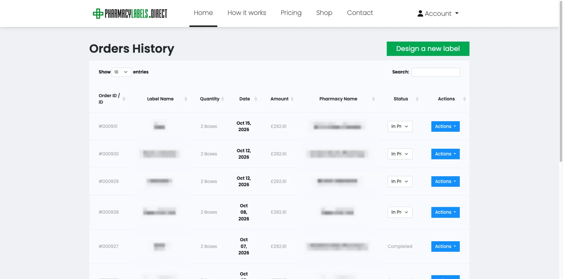 Pharmacy Labels Direct order history with order status and actions