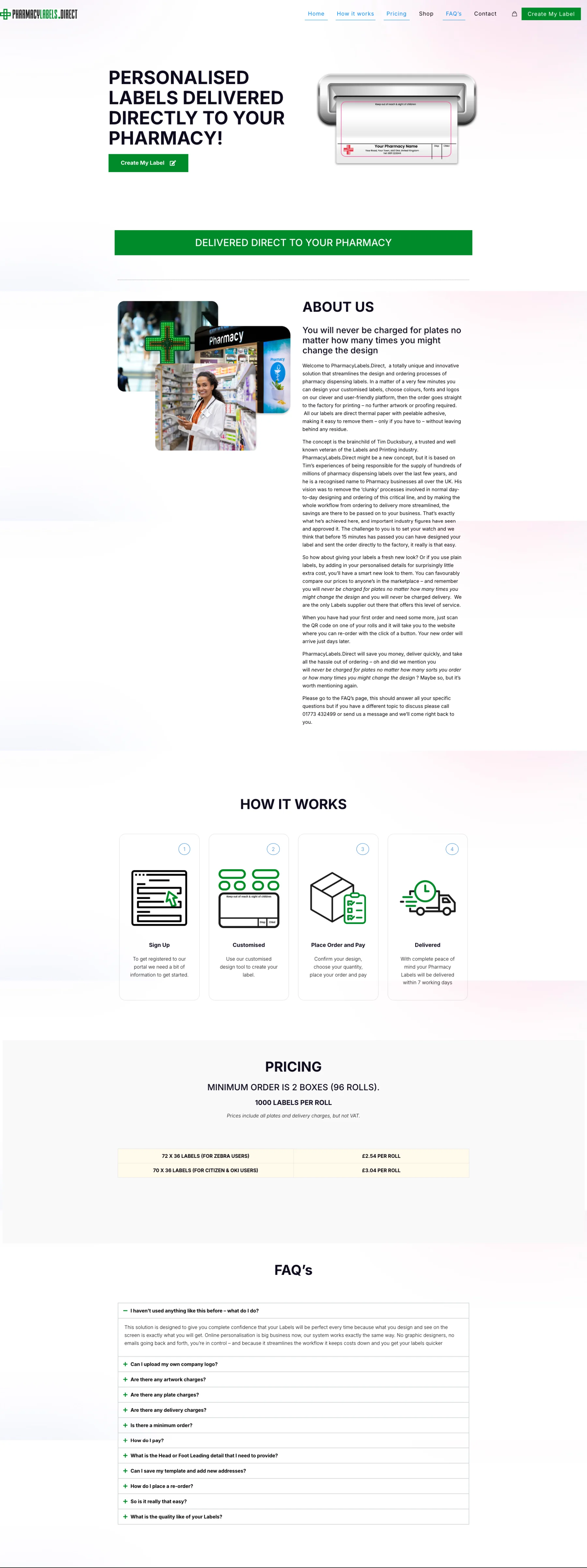 PharmacyLabels.Direct WordPress website with how it works, pricing and FAQs