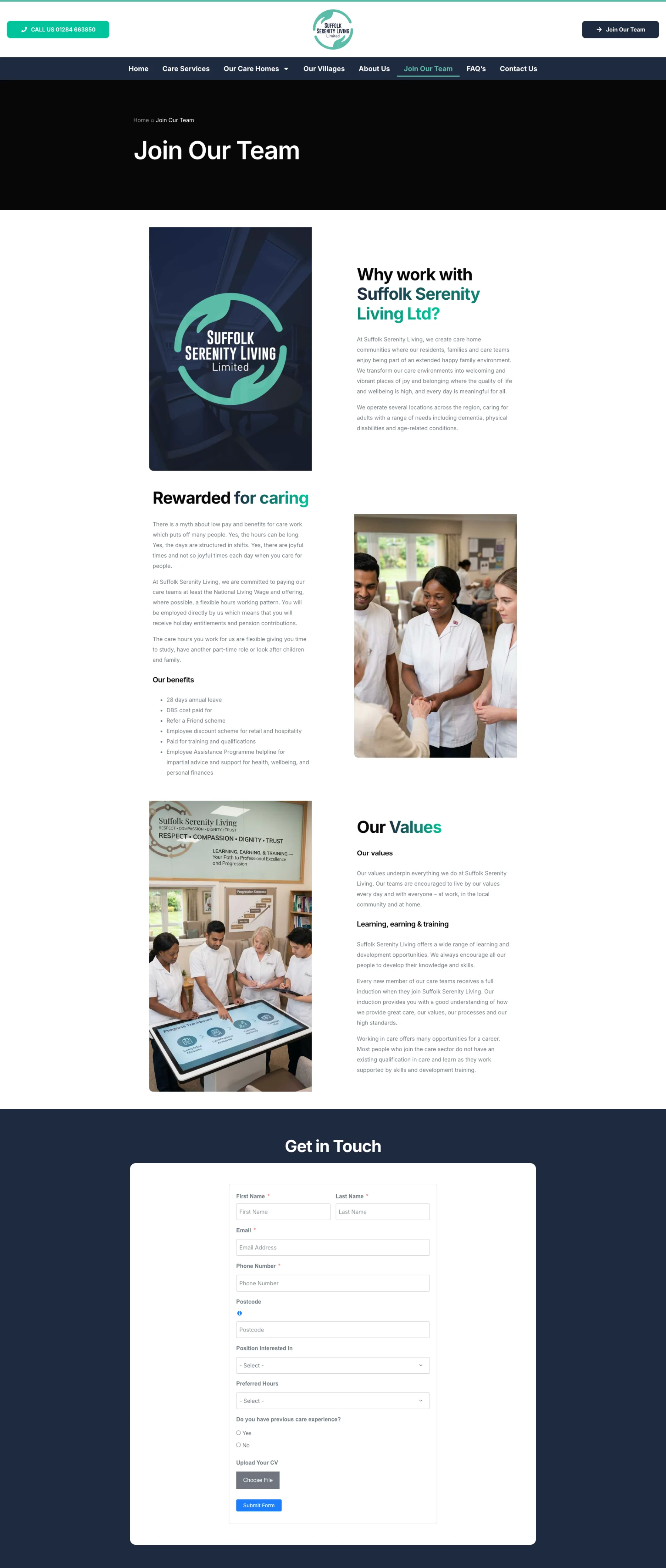 Serenity Living Join Our Team page with staff benefits and job application form