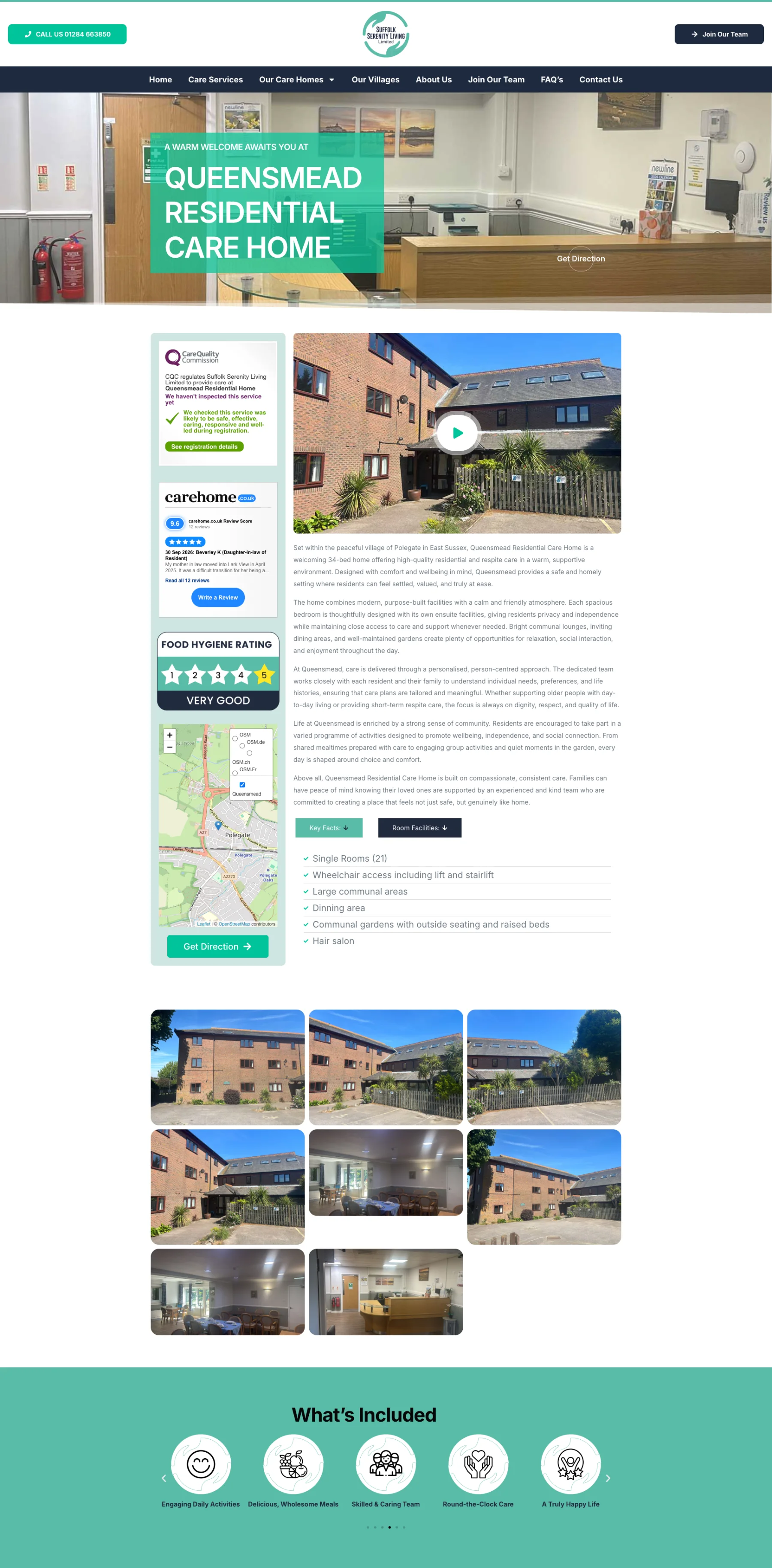Queensmead Residential Care Home page with CQC status, reviews, food hygiene rating, map and photo gallery